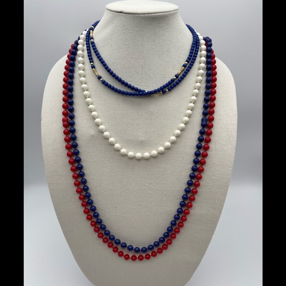 Lot of 4, red, white & blue beaded necklaces - Picture 1 of 5